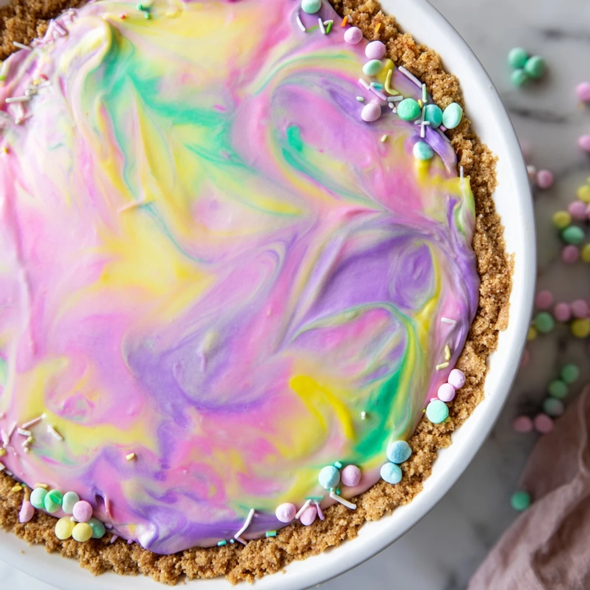 Festive Easter Swirl Pie with pink yellow green vanilla mascarpone on graham cracker base