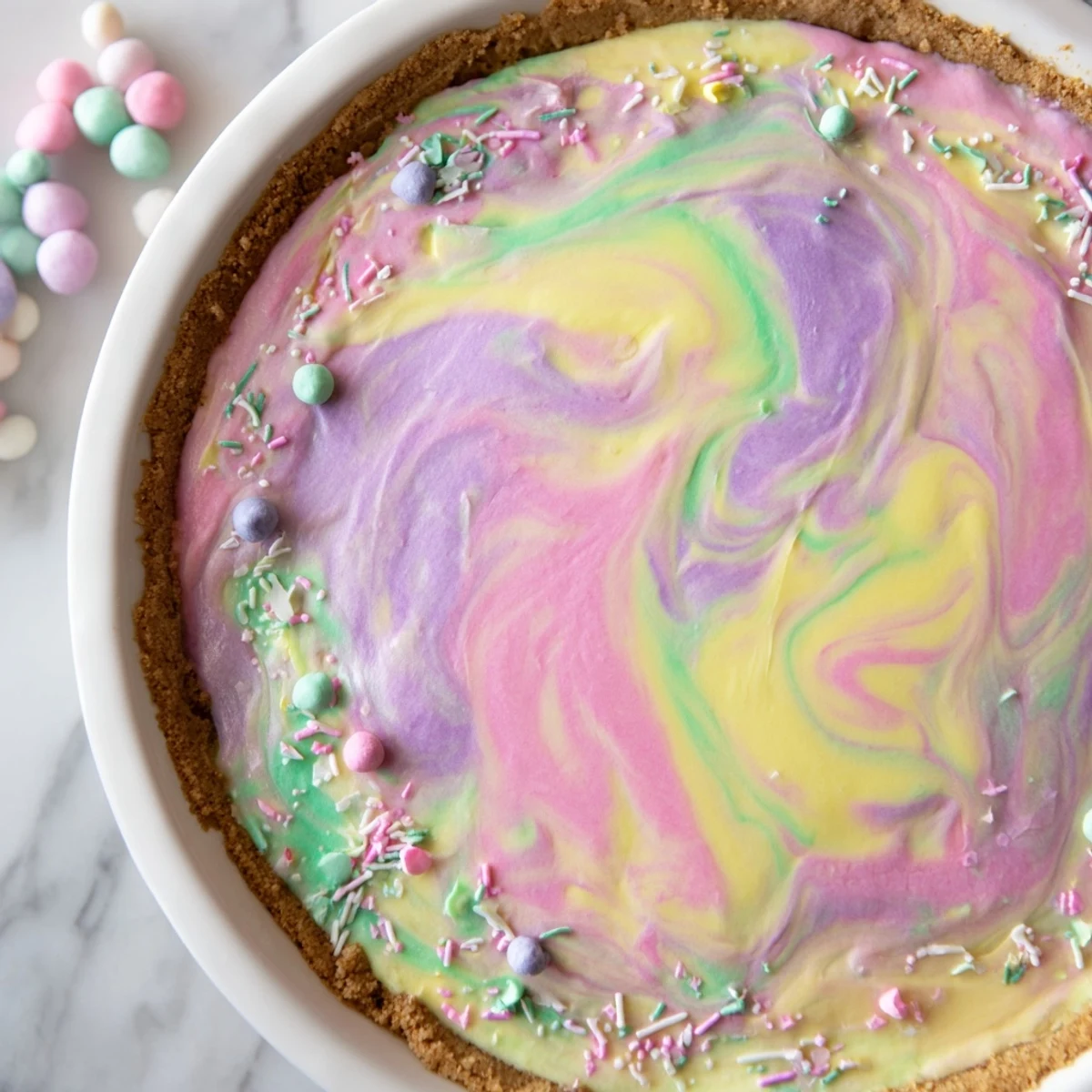Creamy Easter Swirl Pie featuring swirled pastel colors topped with spring sprinkles on white plate
