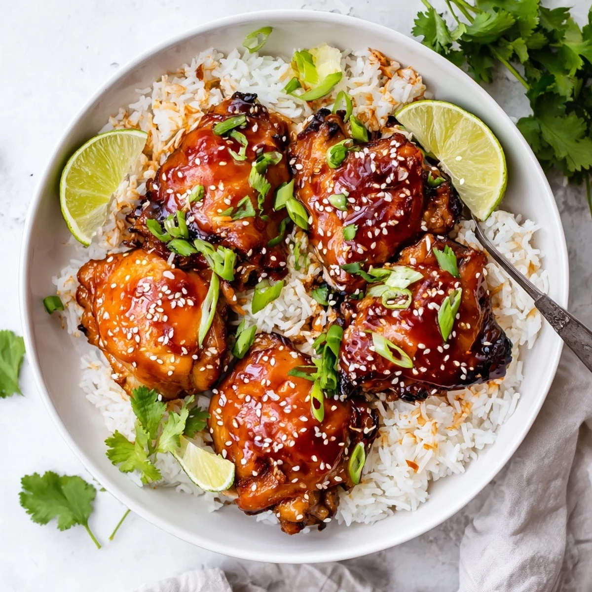 Golden glazed spicy maple chicken resting atop fluffy coconut rice with sesame seed garnish