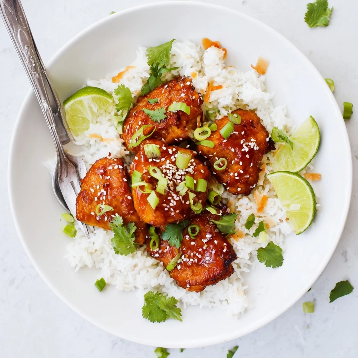 Caramelized chicken pieces drizzled with maple sriracha sauce over a bed of white coconut rice