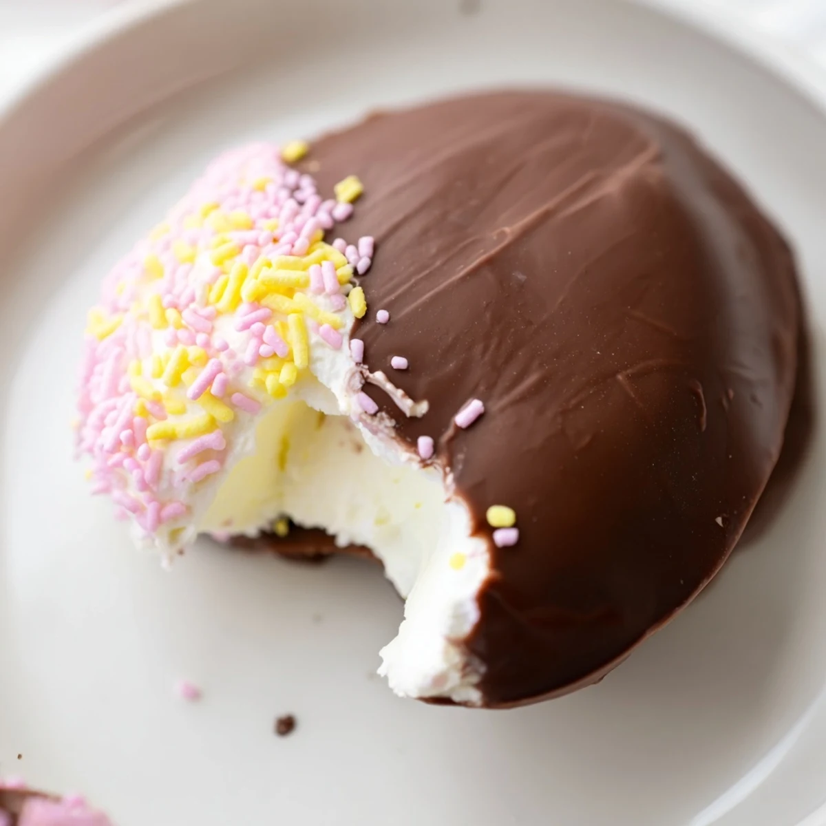 Colorful Cool Whip Easter eggs dipped in glossy chocolate topped with pastel sprinkles on white plate