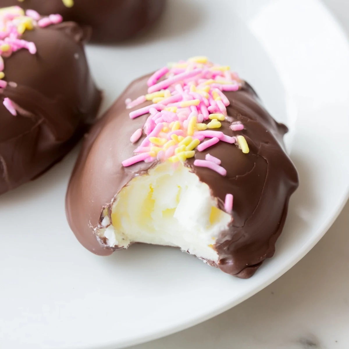 Creamy Cool Whip Easter eggs coated in melted chocolate with colorful candy melt drizzle decoration