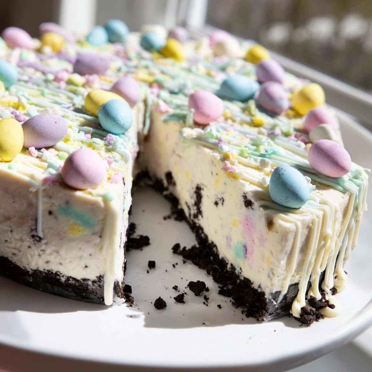 Creamy Easter Egg Cheesecake with colorful chocolate eggs atop chocolate cookie crust