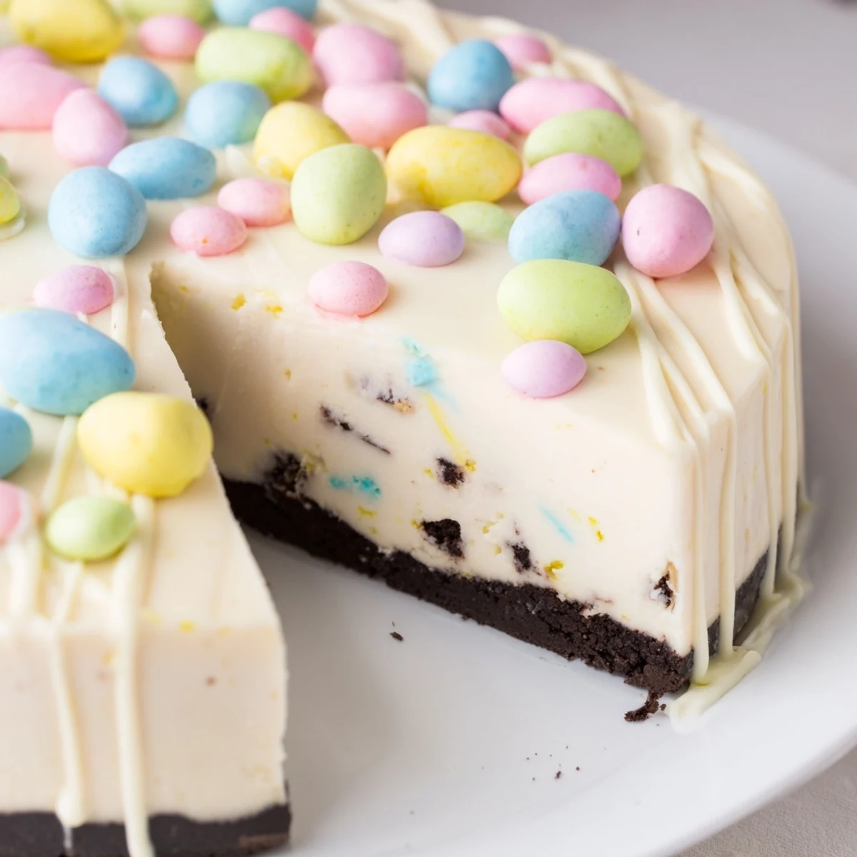 Festive Easter Egg Cheesecake decorated with pastel chocolate eggs on spring dessert table