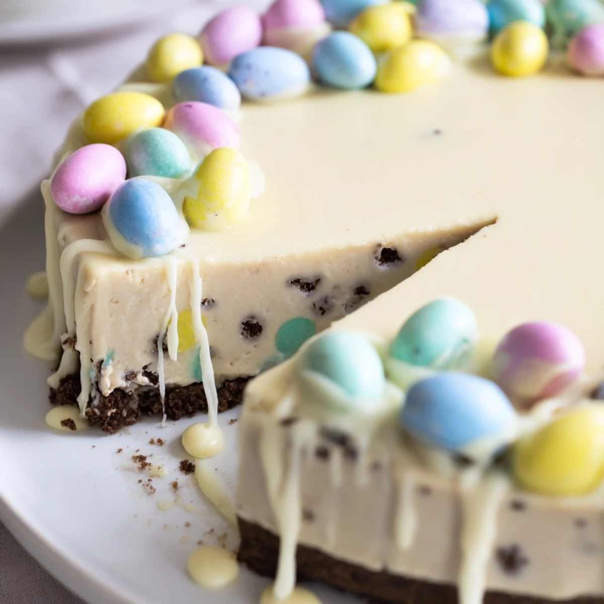 Slice of velvety Easter Egg Cheesecake drizzled with white chocolate and mini eggs