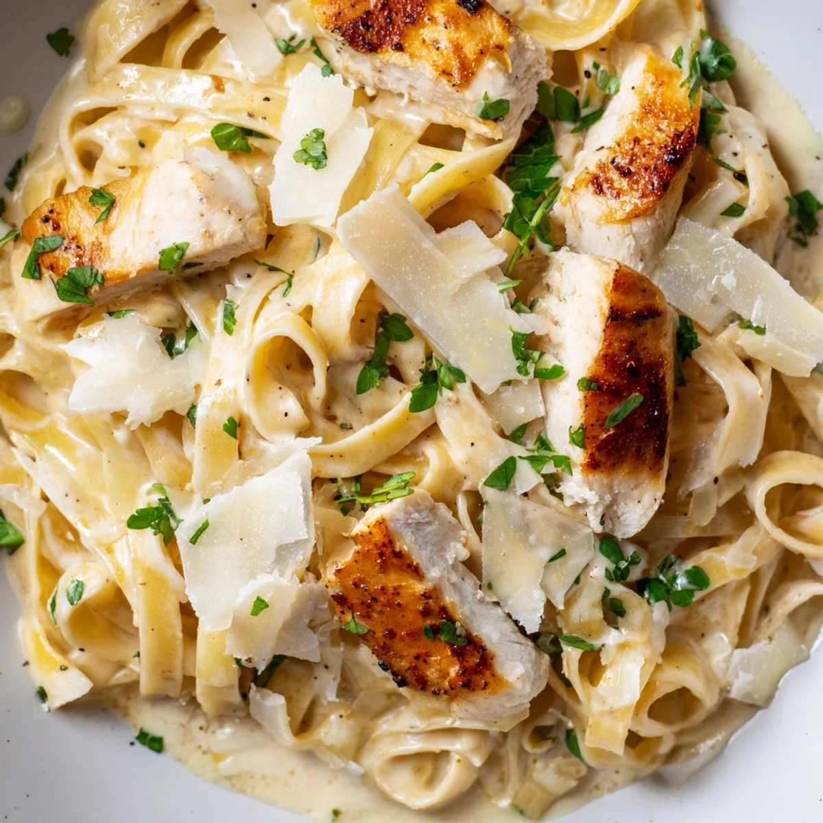 Creamy garlic parmesan chicken pasta tossed in a rich white sauce with fresh parsley garnish