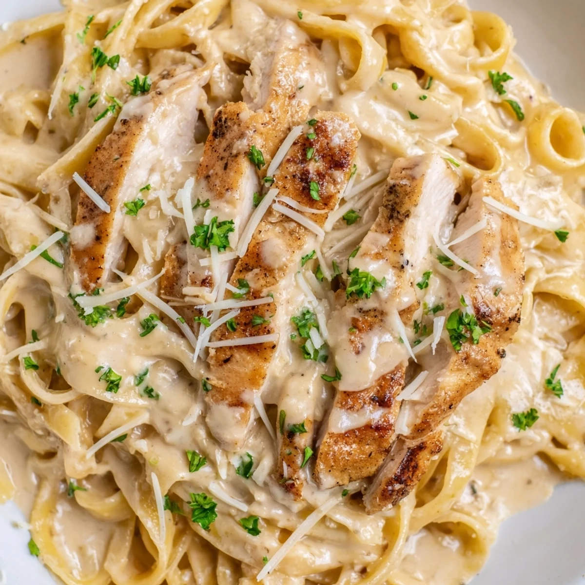 Steaming bowl of garlic parmesan chicken pasta featuring tender meat and melted cheese coating