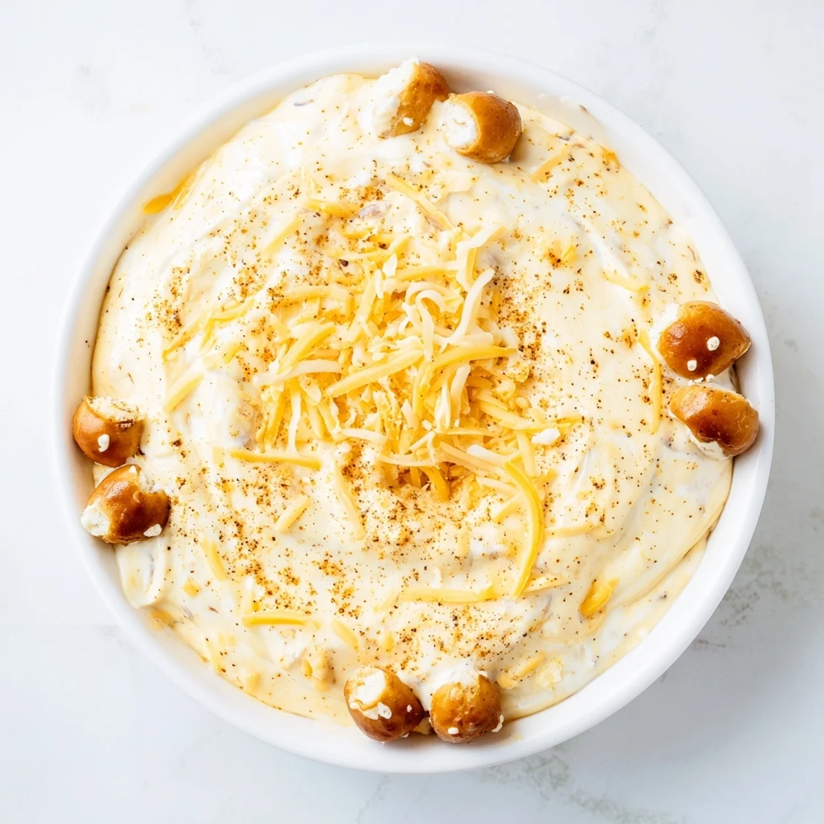 Golden cheese dip for pretzels served in a white bowl alongside warm, salted soft pretzels