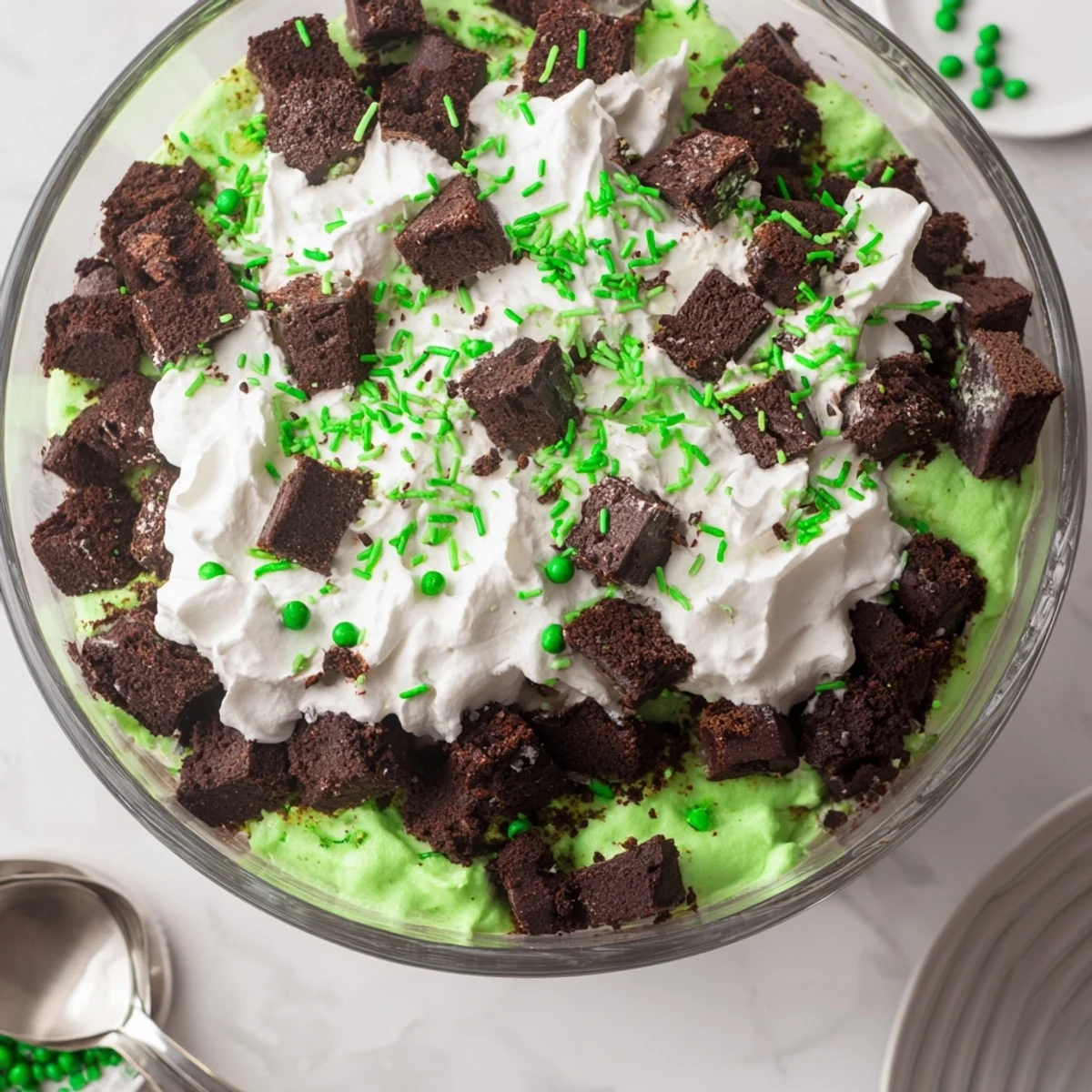 Glass trifle bowl showing layered St. Patricks Day Brownie Trifle with chocolate brownie cubes, bright green pistachio pudding, and fluffy white whipped cream topped with green sprinkles