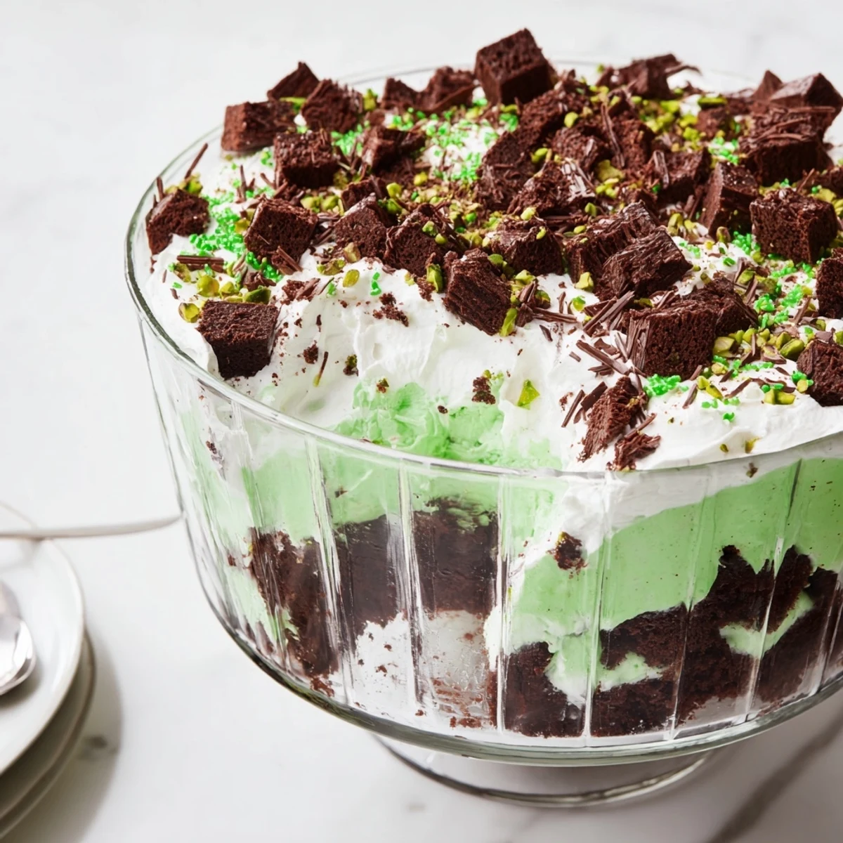 Spoon lifting a layered portion of St. Patricks Day Brownie Trifle displaying rich chocolate brownie chunks alternating with vibrant green pudding and vanilla whipped cream