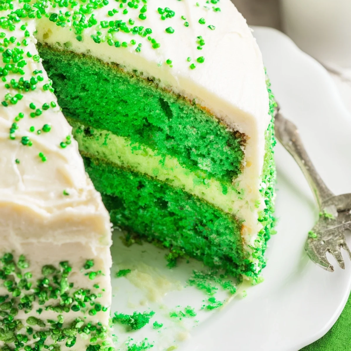 Festive St. Patricks Day cake with bright green sponge layers and creamy vanilla frosting