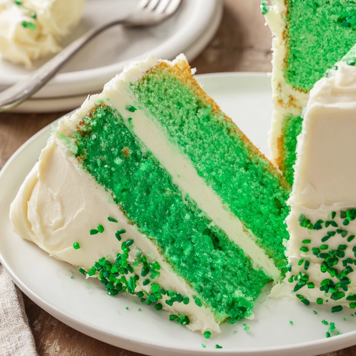 Triple-layer St. Patricks Day cake topped with smooth white buttercream and green sprinkles