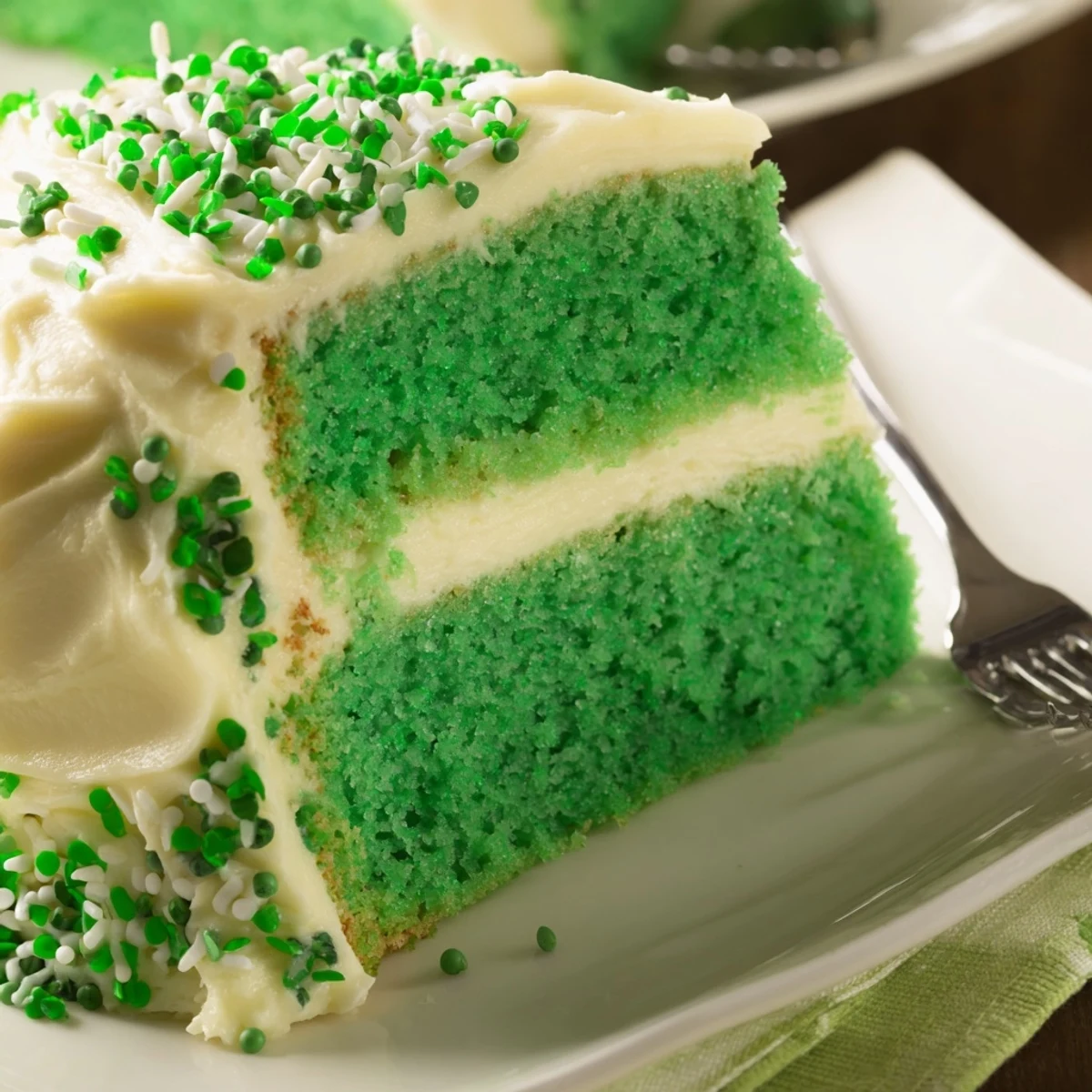 Vibrant green St. Patricks Day cake slice showing moist texture and fluffy white frosting
