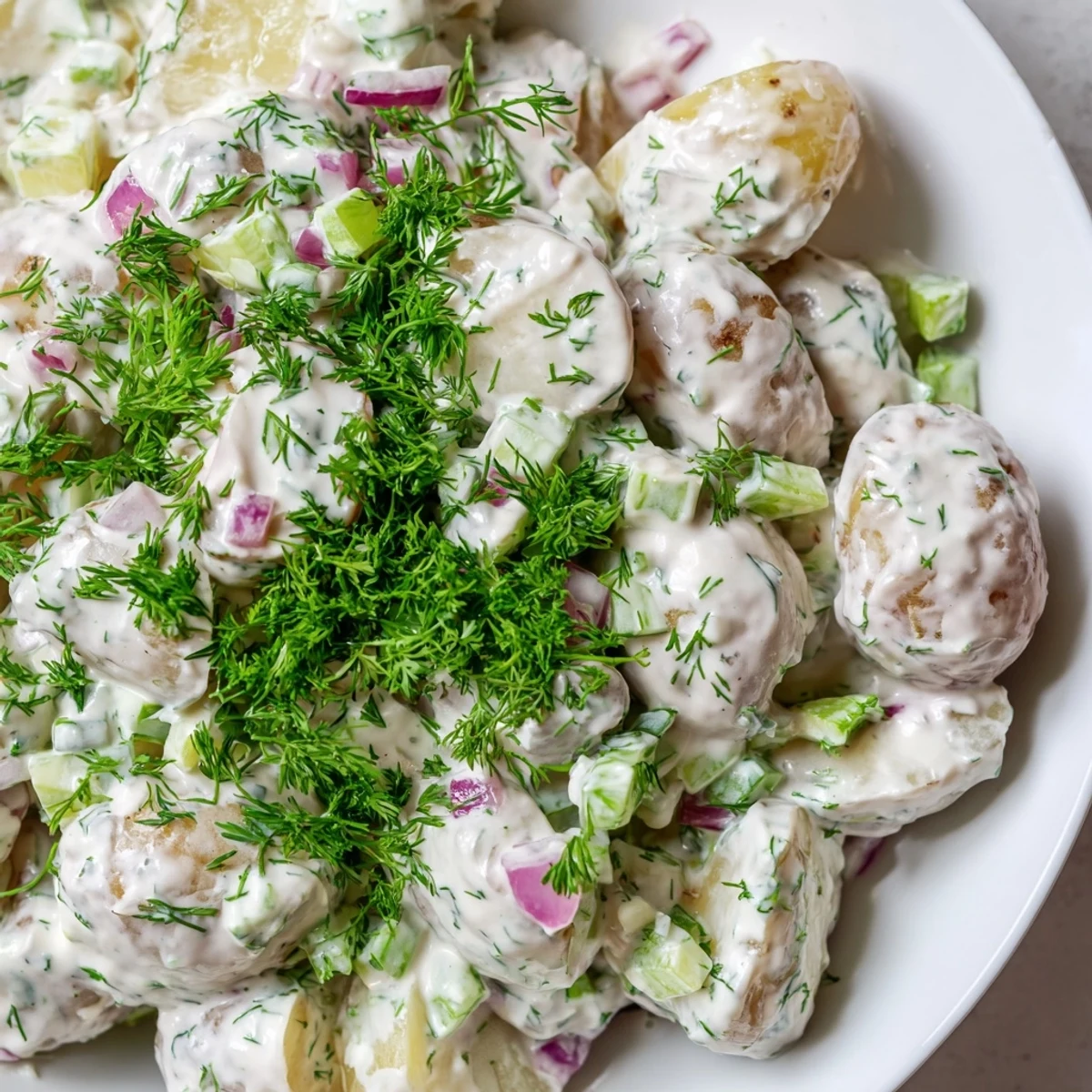 Creamy Greek yogurt potato salad with fresh dill, celery, and red onion in a serving bowl