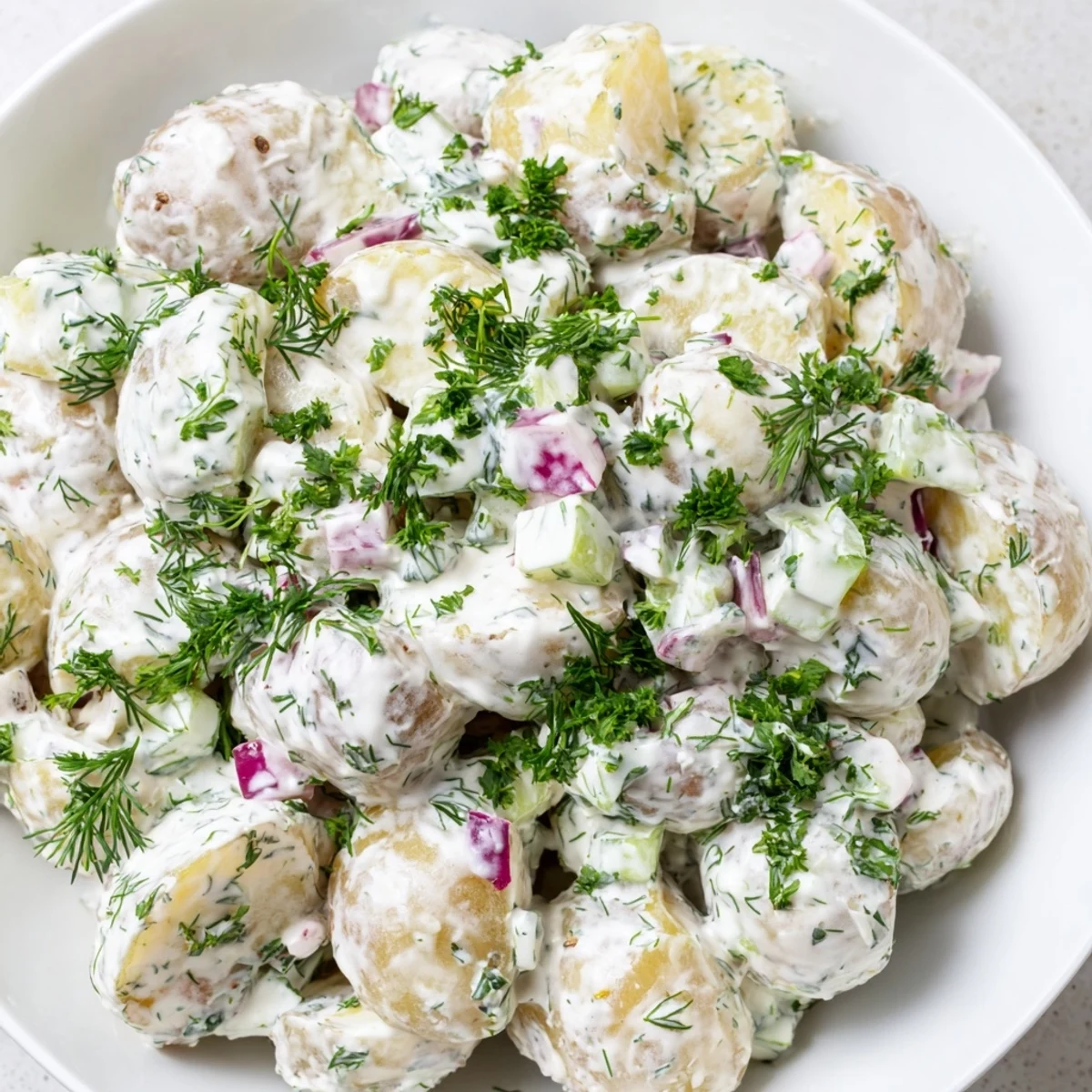 Light and tangy Greek yogurt potato salad featuring tender baby potatoes and crunchy colorful vegetables