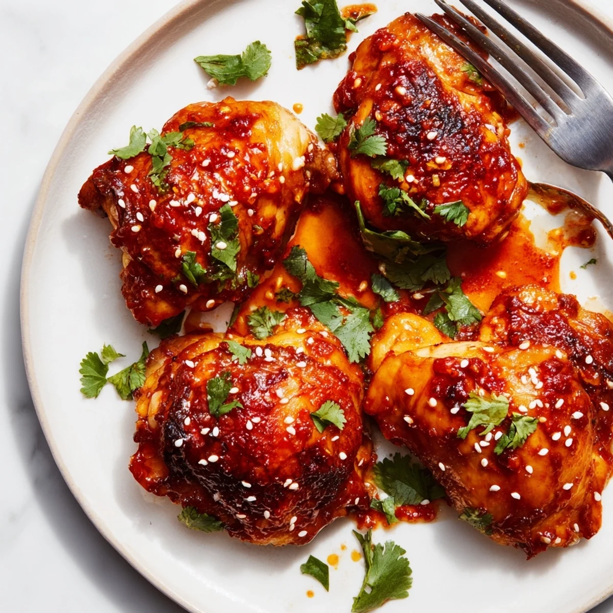 Golden sweet chili air fryer chicken thighs with crispy skin and sticky glaze