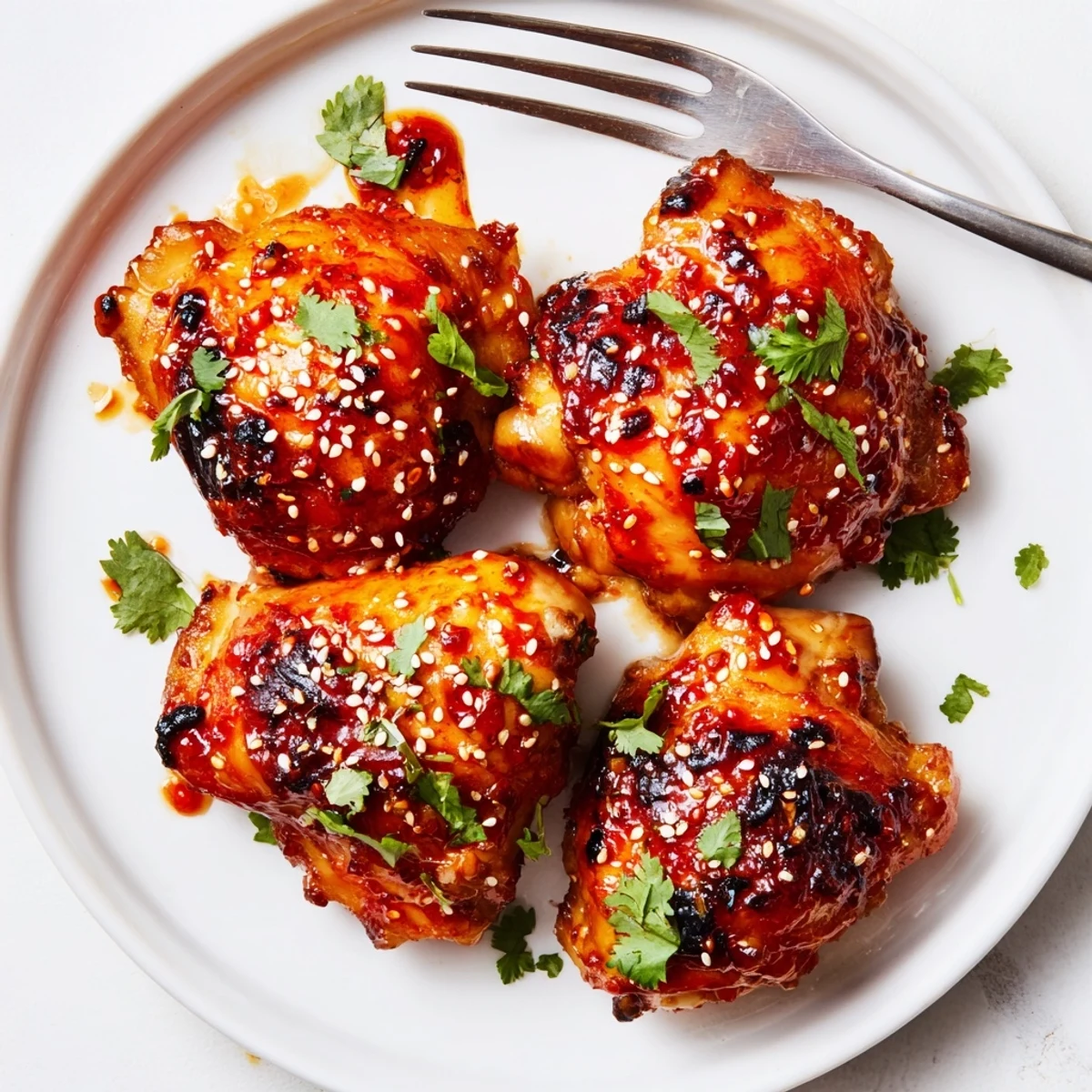 Crispy skinned sweet chili air fryer chicken thighs garnished with sesame seeds and cilantro