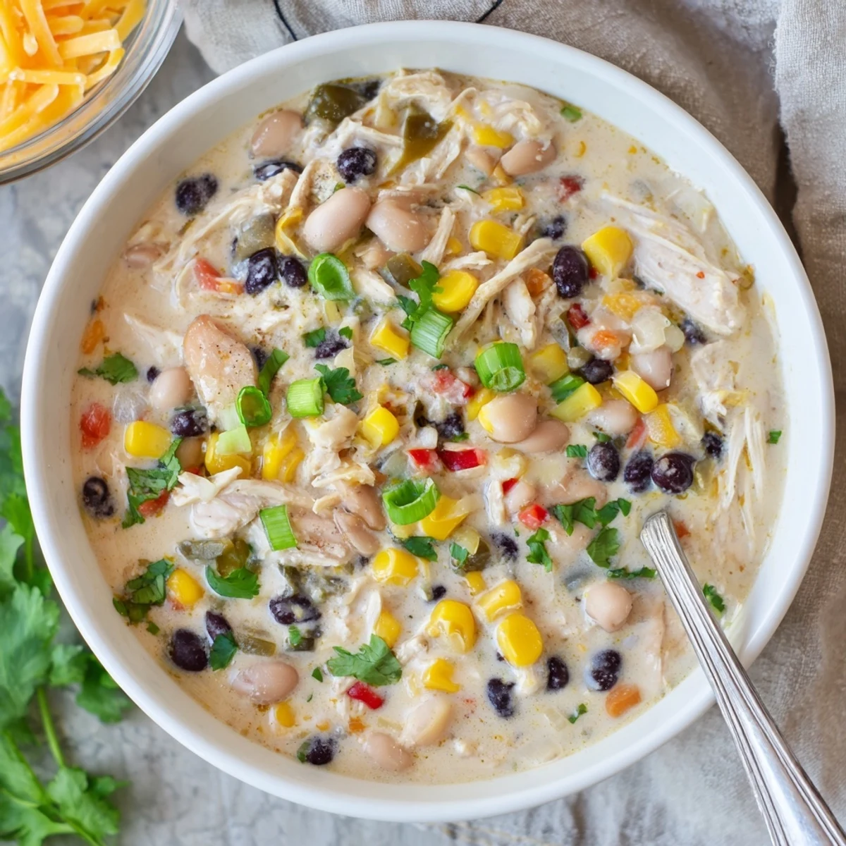 Bowl of thick white chicken chili loaded with black beans and topped with melted cheese