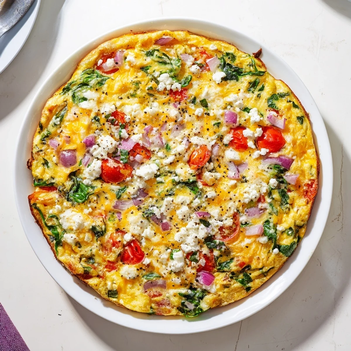 Protein-packed healthy crustless quiche slice featuring spinach tomatoes and peppers on white plate
