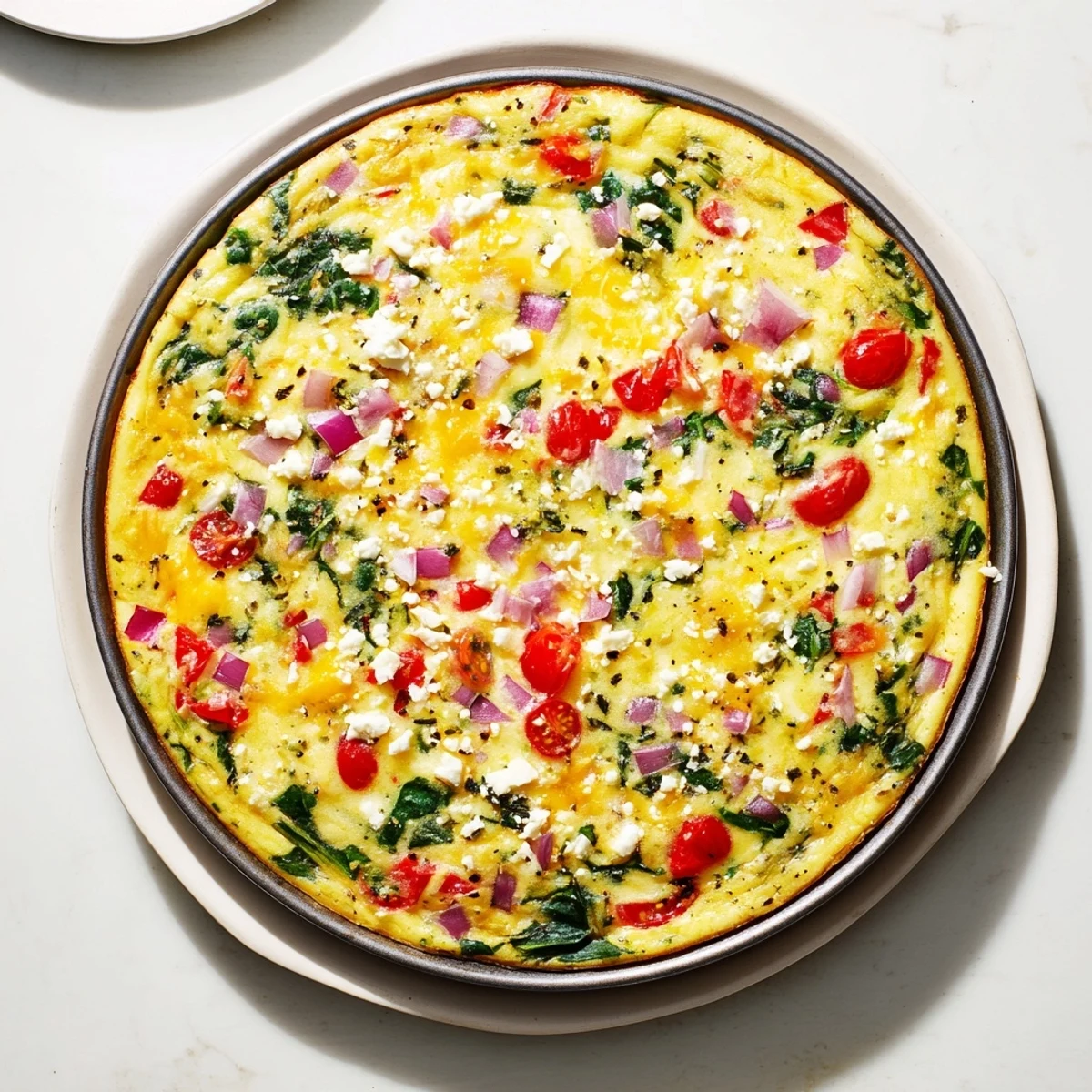 Golden healthy crustless quiche with colorful vegetables bubbling under melted cheese topping
