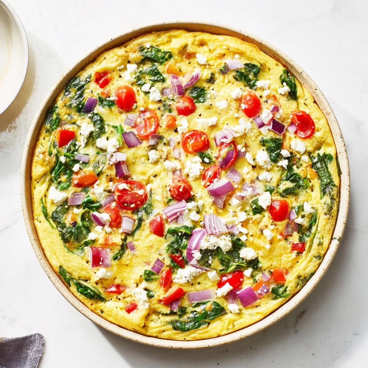 Fluffy healthy crustless quiche fresh from oven with golden edges and vegetable filling