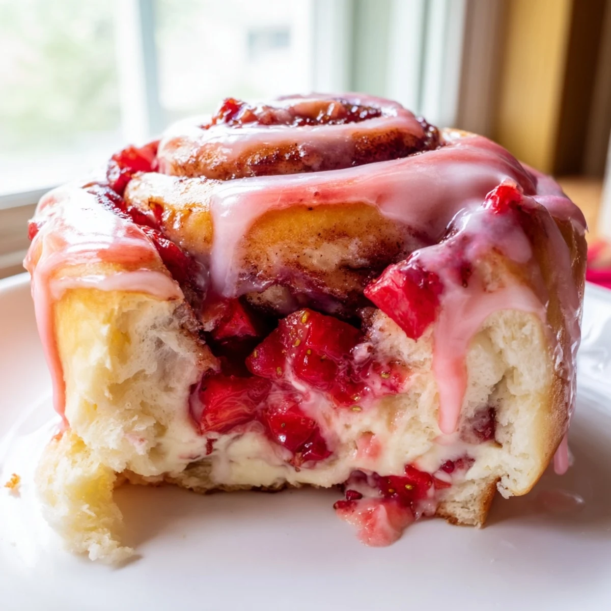 Golden Strawberry Cheesecake Cinnabon Rolls drizzled with sweet strawberry glaze on a serving plate