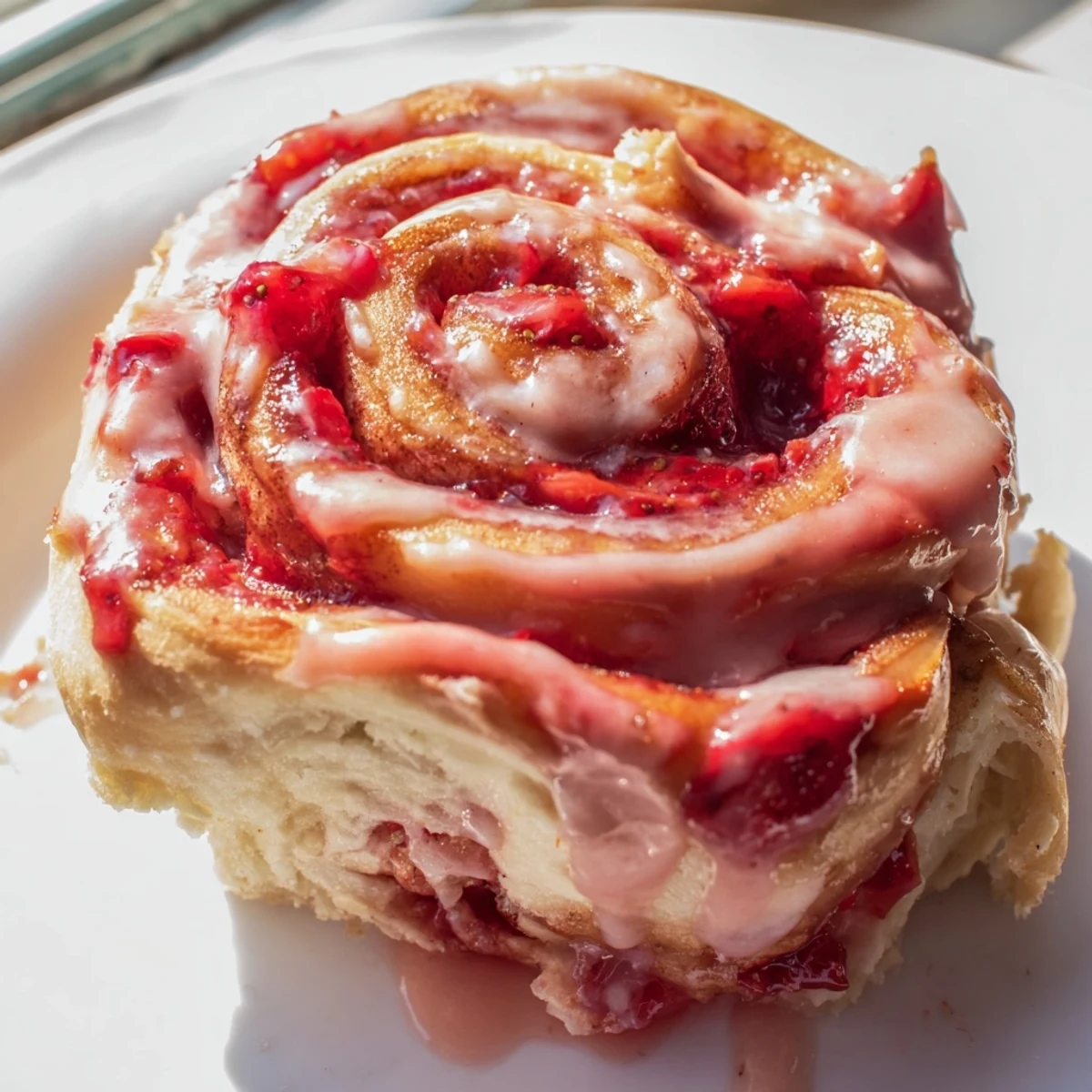 Fresh baked cinnamon rolls stuffed with creamy cheesecake and diced strawberry filling, topped with pink glaze