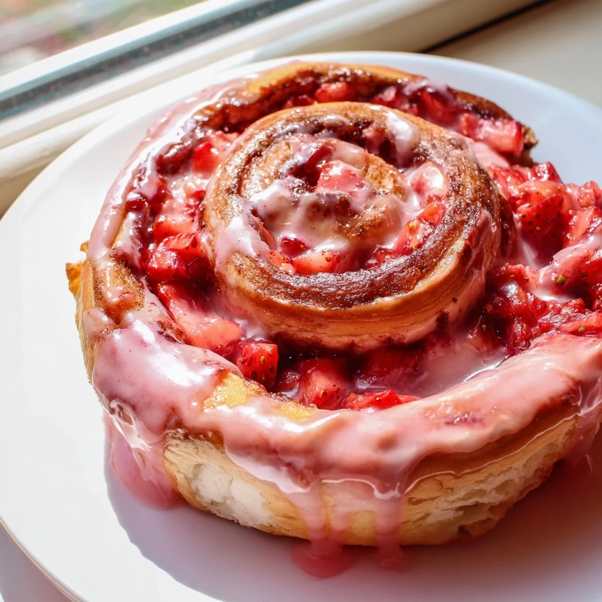Warm fluffy pastry swirled with strawberry cheesecake filling and finished with luscious strawberry icing