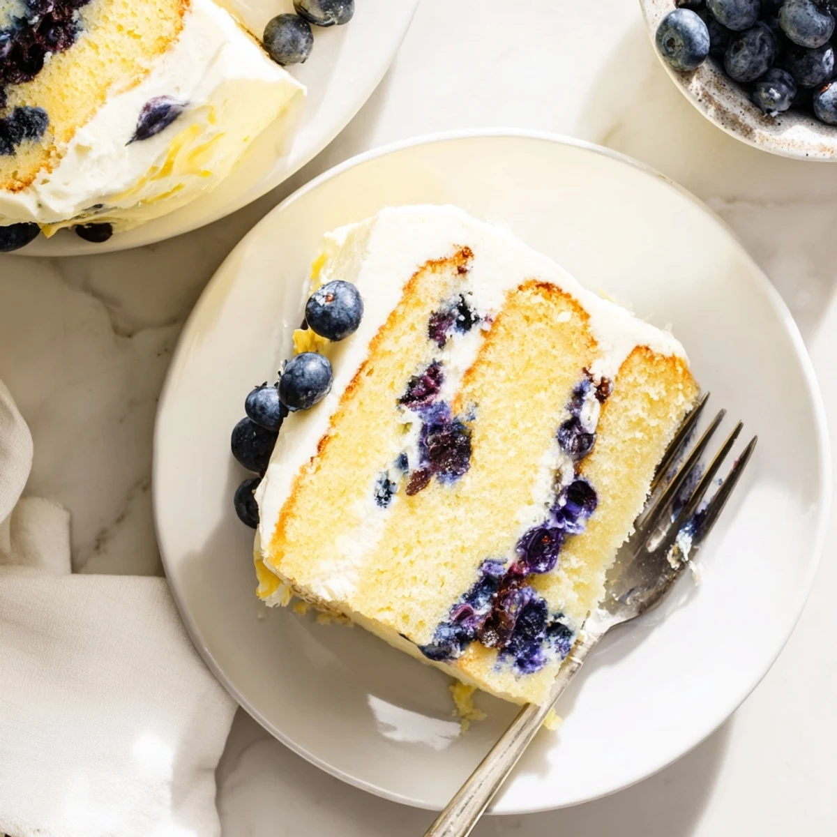 Two-tier lemon blueberry cake with fluffy white frosting, scattered blueberries, and bright citrus garnish
