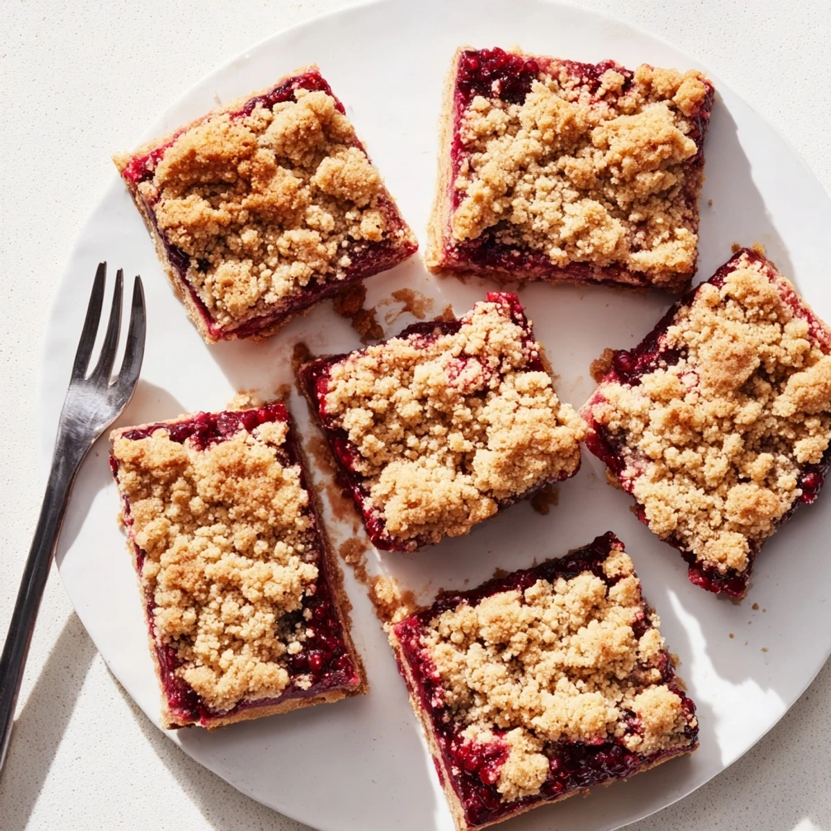 Golden blackberry crumble bars with bubbling purple fruit and buttery crumb topping