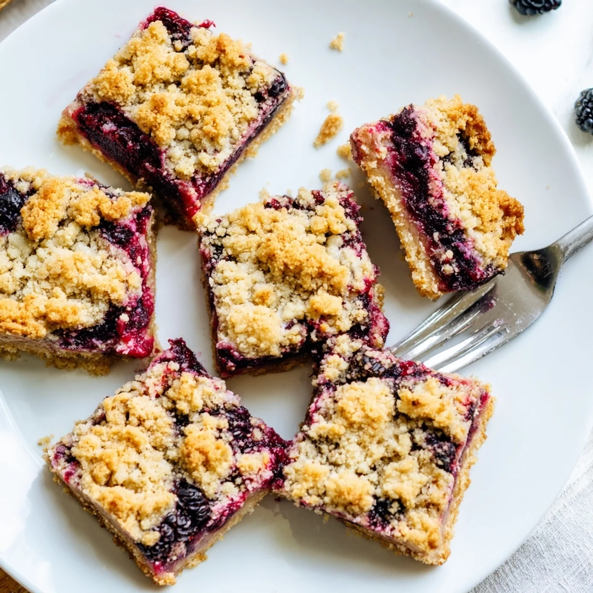 Perfect blackberry crumble bars sliced into squares on a white serving plate