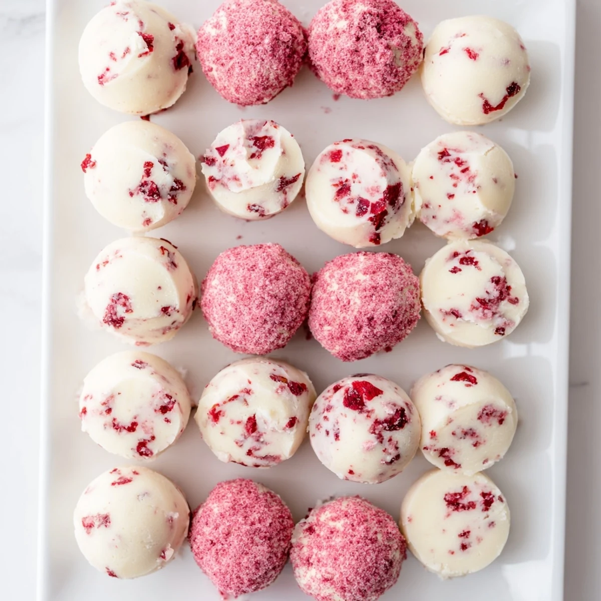 Creamy keto strawberry cheesecake fat bombs topped with crushed freeze-dried strawberries on a white plate