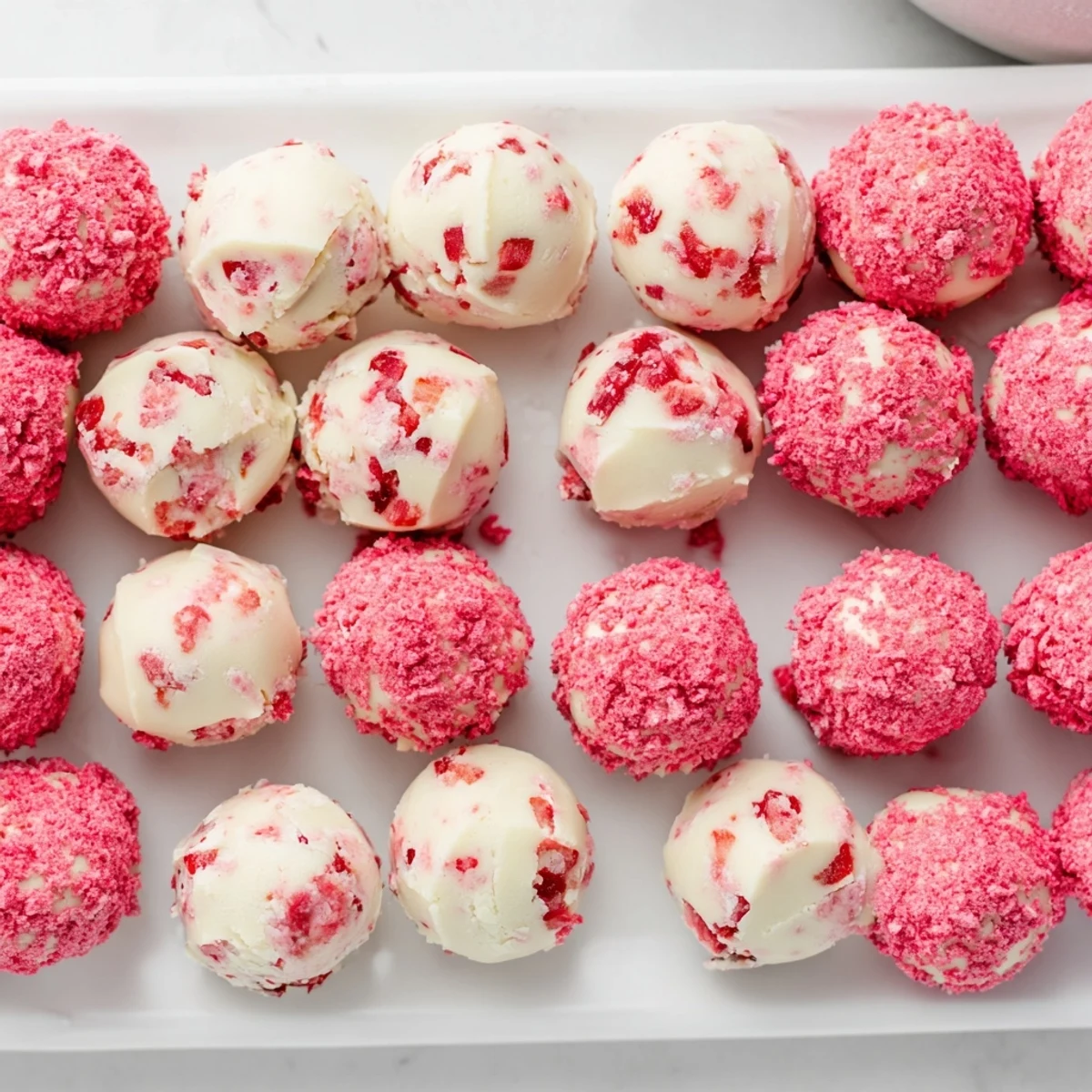 Fresh strawberry chunks speckled throughout smooth cream cheese keto fat bombs arranged on parchment paper