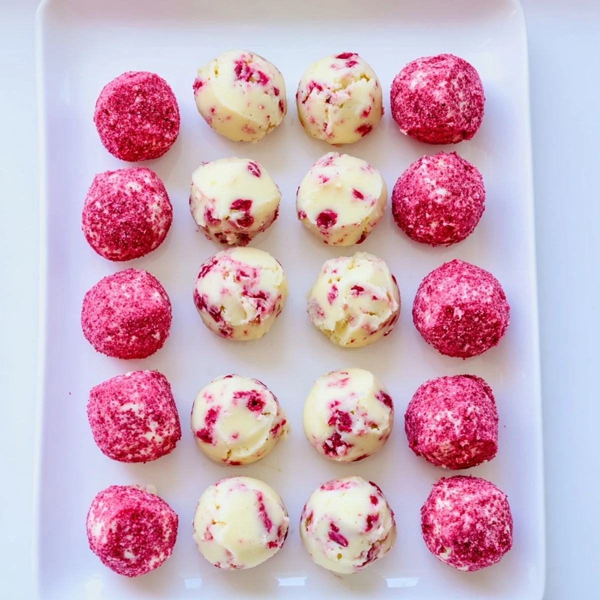 Bite-sized keto strawberry cheesecake fat bombs rolled in fruity coating ready for low-carb snacking