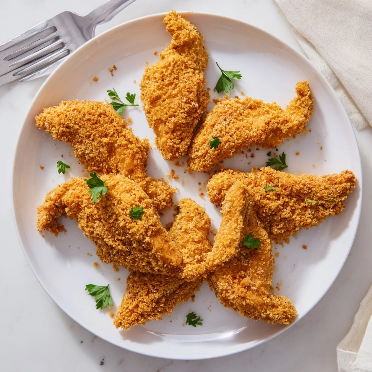 Golden brown homemade chicken tenders with crispy breadcrumbs arranged on serving plate
