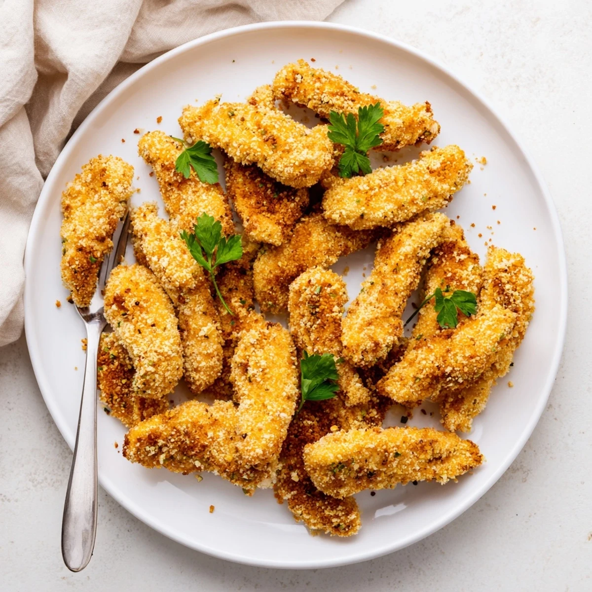 Juicy fried chicken tenders freshly cooked with golden coating and visible seasoning