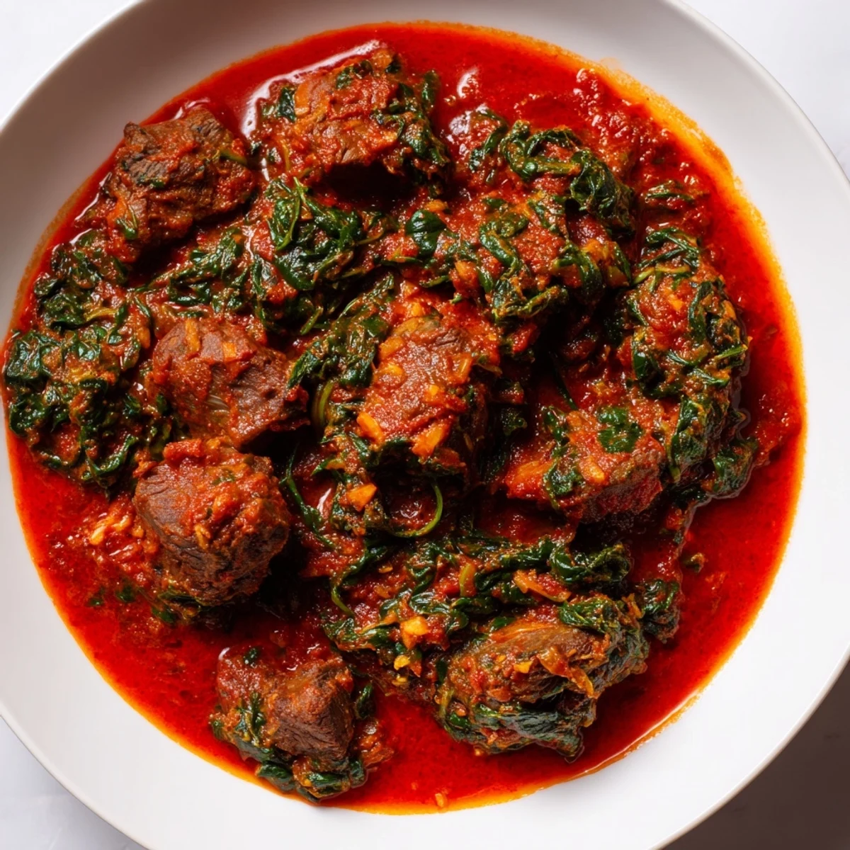 Hearty Nigerian spinach stew with beef served over white rice in colorful ceramic bowl
