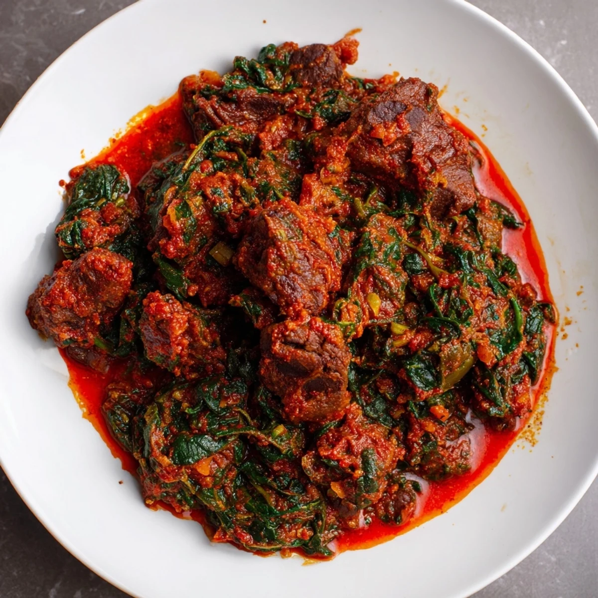 Close up of Efo Riro showcasing wilted green spinach floating in spiced red sauce with beef