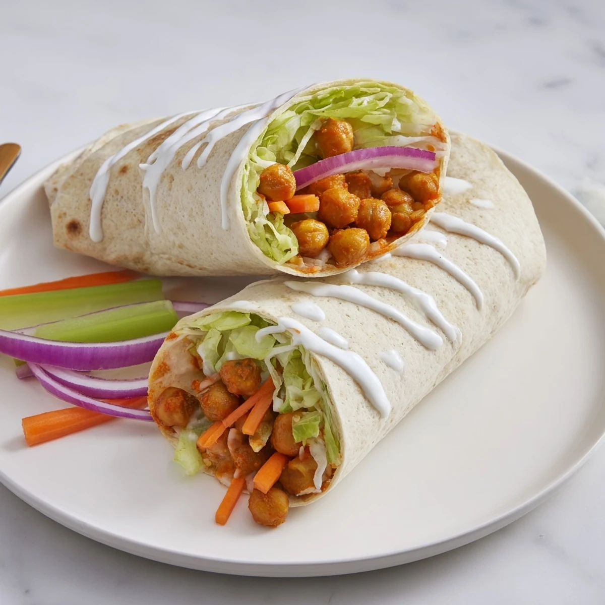 Flour tortilla wraps stuffed with seasoned buffalo chickpeas, crunchy veggies, and dressing