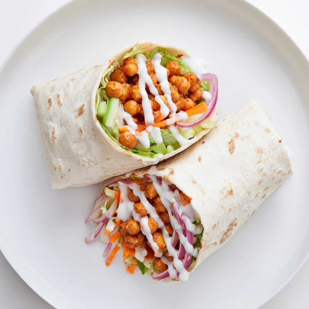 Spicy buffalo chickpea wraps rolled with fresh lettuce, carrots, and tangy sauce
