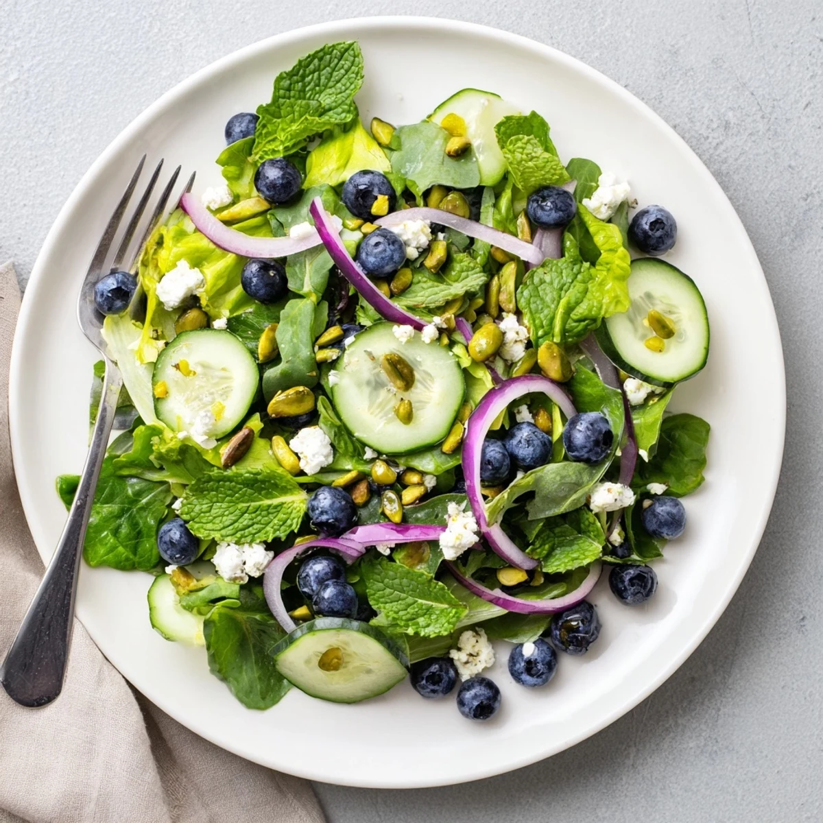 Vibrant blueberry pistachio spring salad tossed with crisp cucumber, red onion, and lemon-honey dressing on rustic wood