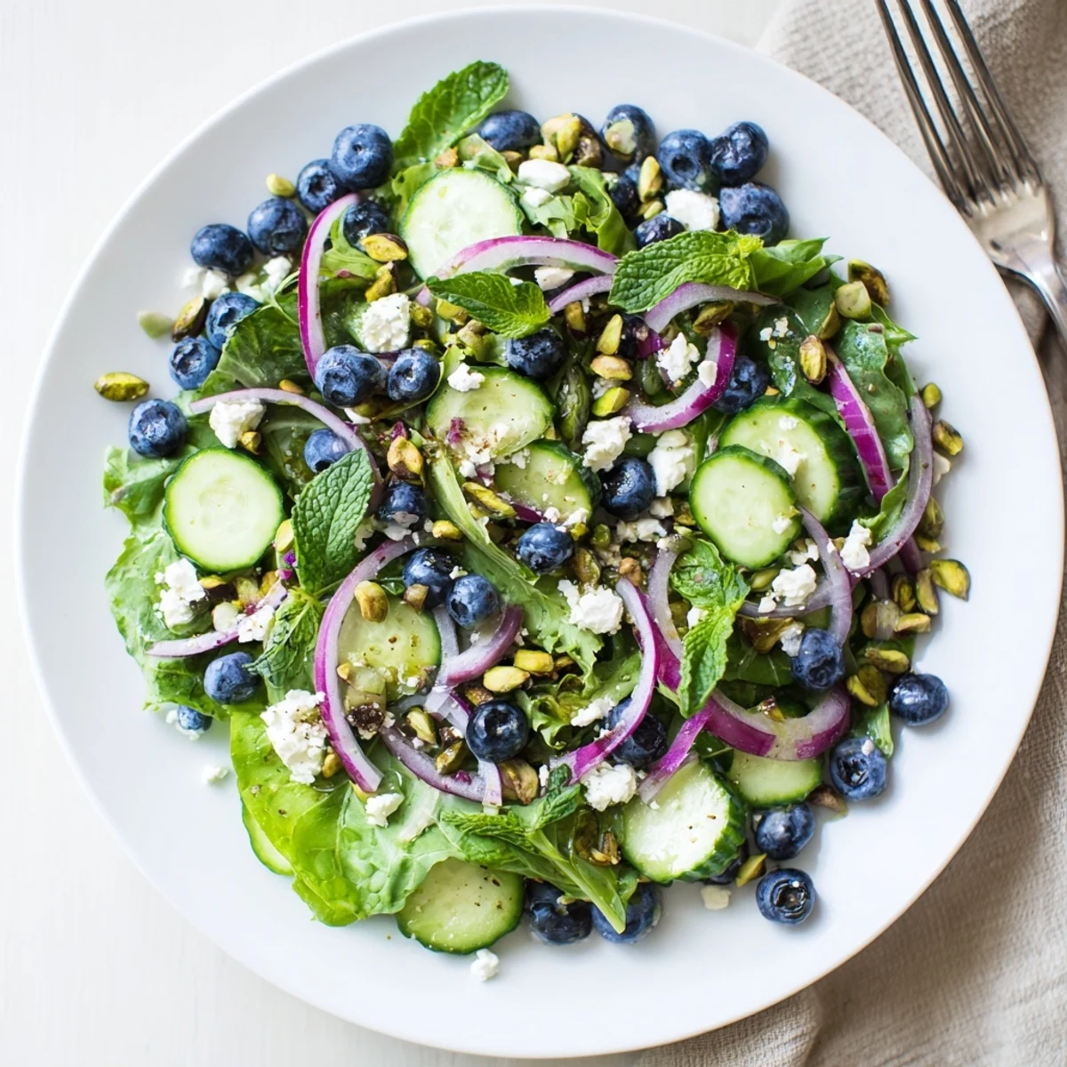 Fresh blueberry pistachio spring salad with juicy berries, crunchy nuts, and tangy feta in a white bowl