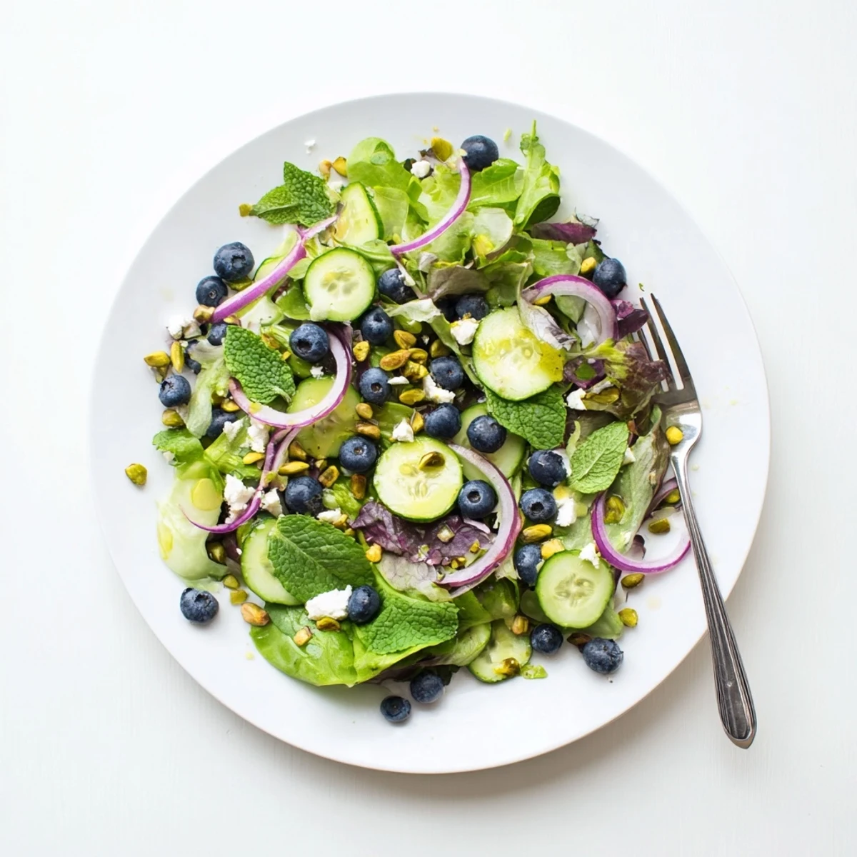 Colorful blueberry pistachio spring salad featuring toasted nuts, creamy feta, fresh mint leaves, and plump blueberries