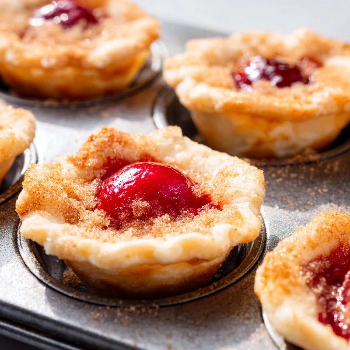 Small cherry pie bites arranged on white platter with cinnamon sugar dusted crusts