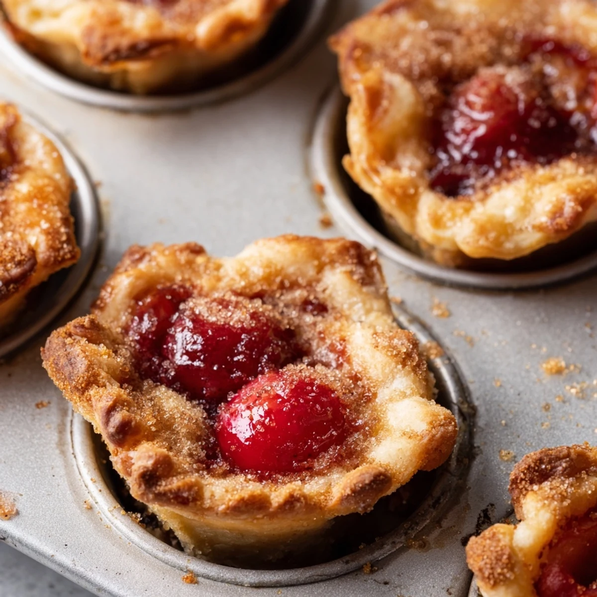 Golden mini cherry pie bites with bubbling red fruit filling in buttery pastry cups