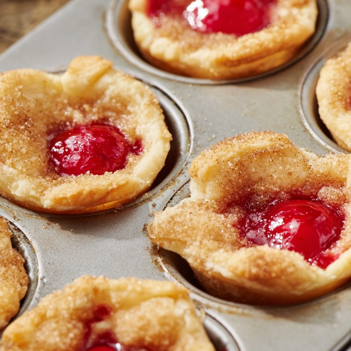 Fresh baked cherry pie bites featuring flaky golden crusts and sweet cherry center