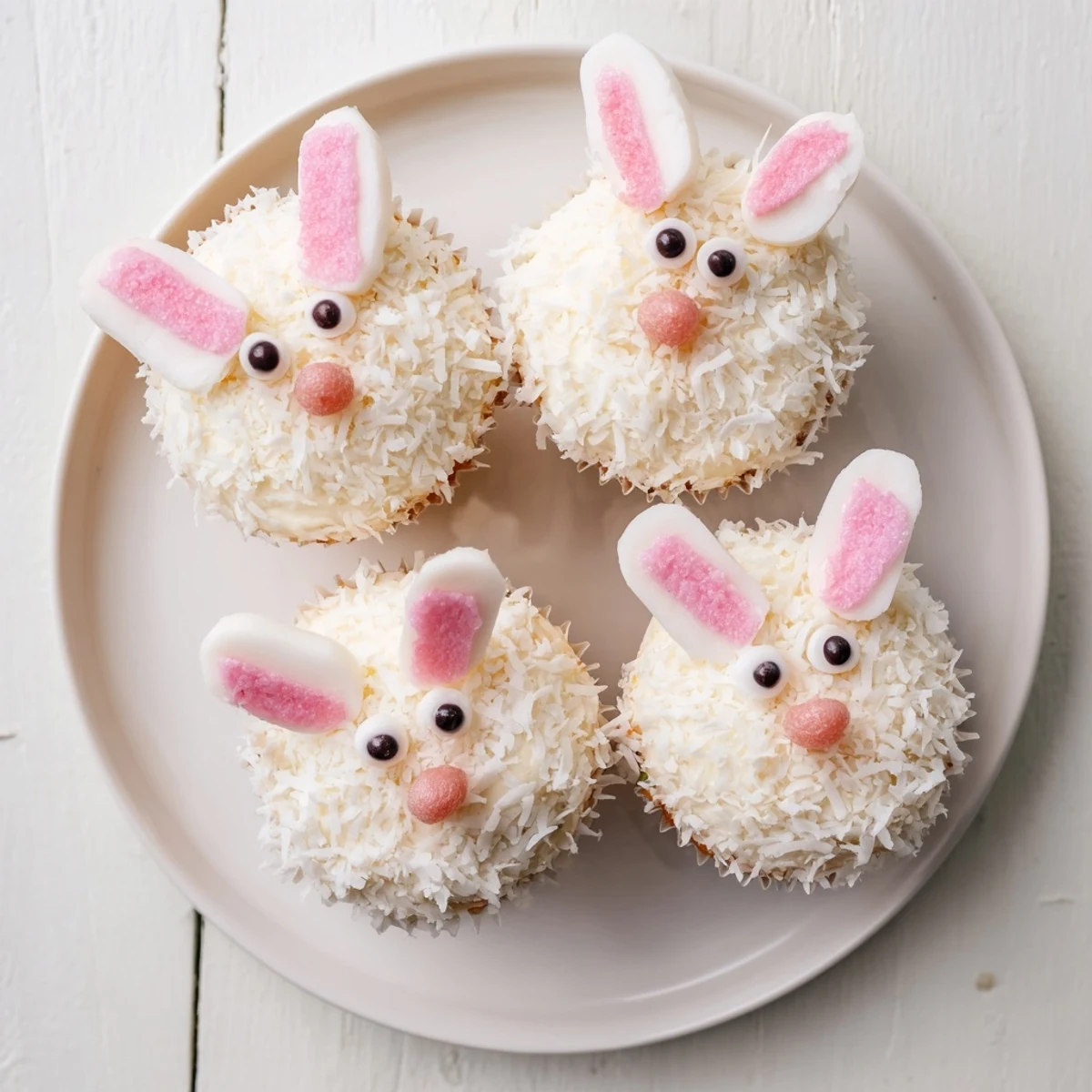 Vanilla bunny cupcakes decorated with white coconut, pink sugar-dusted ears, and cute jelly bean noses