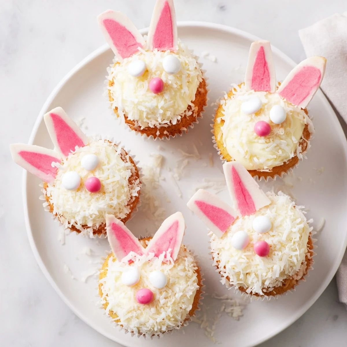 Spring bunny cupcakes featuring buttercream frosting, shredded coconut coating, marshmallow ears, and edible candy eyes