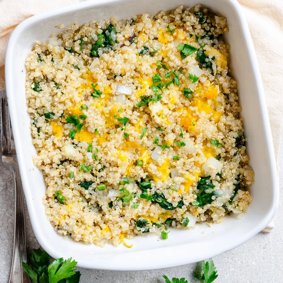 Golden brown quinoa spinach and egg bake with melted cheese topping and fresh parsley garnish