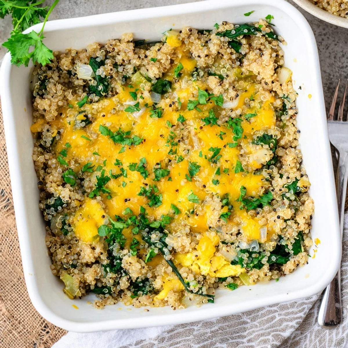 Fluffy baked quinoa casserole with wilted spinach eggs and crispy cheddar crust ready for breakfast